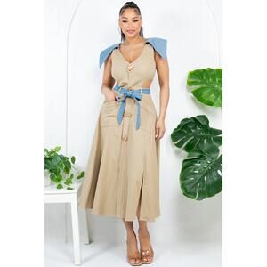 Oops! Color Block Midi Denim Belted Dress Medium M